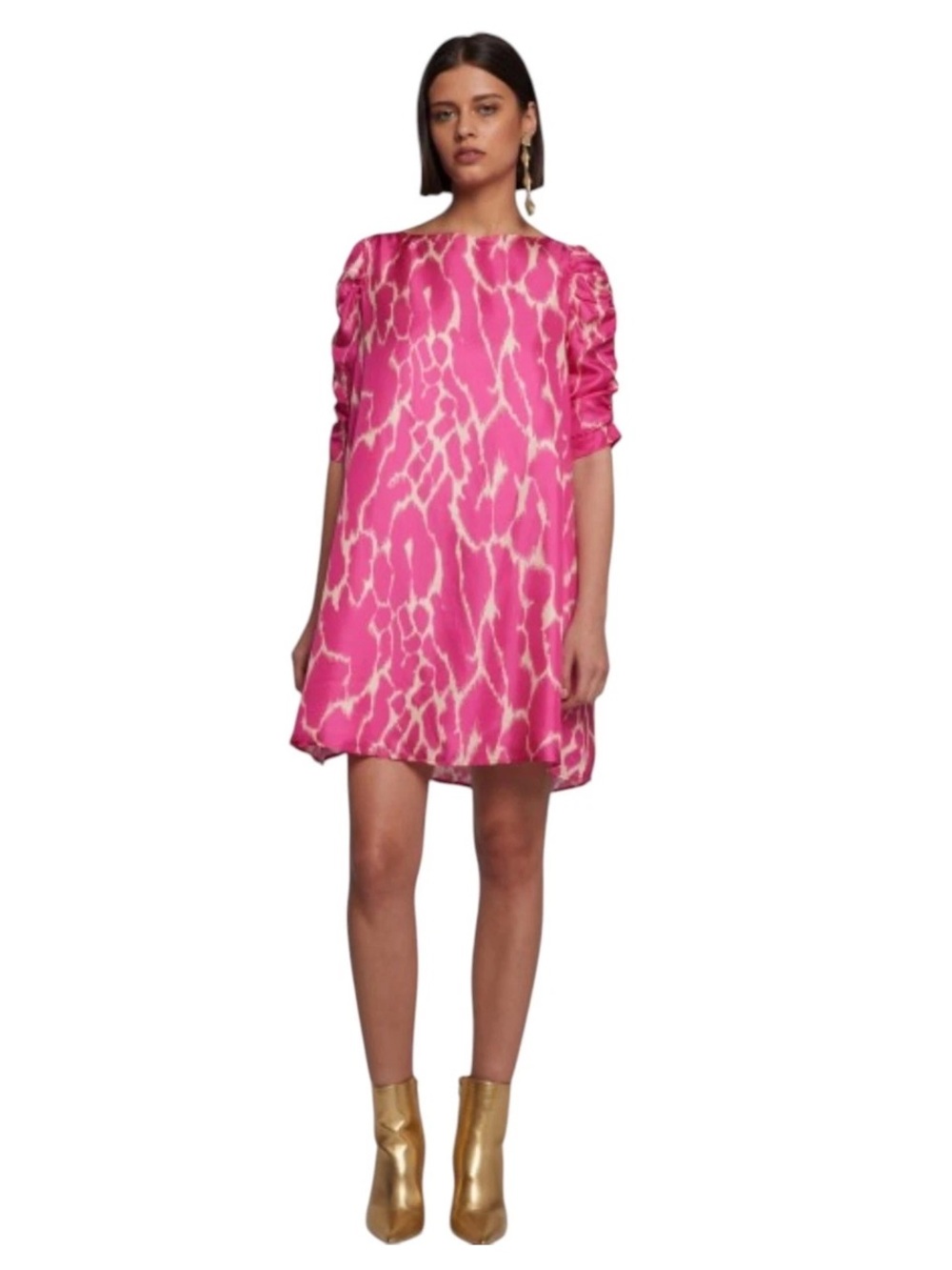 Vilagallo Dress SZ 42 US 10 Manon Pink Art NWT 100% Silk Abstract Ruched Sleeve
